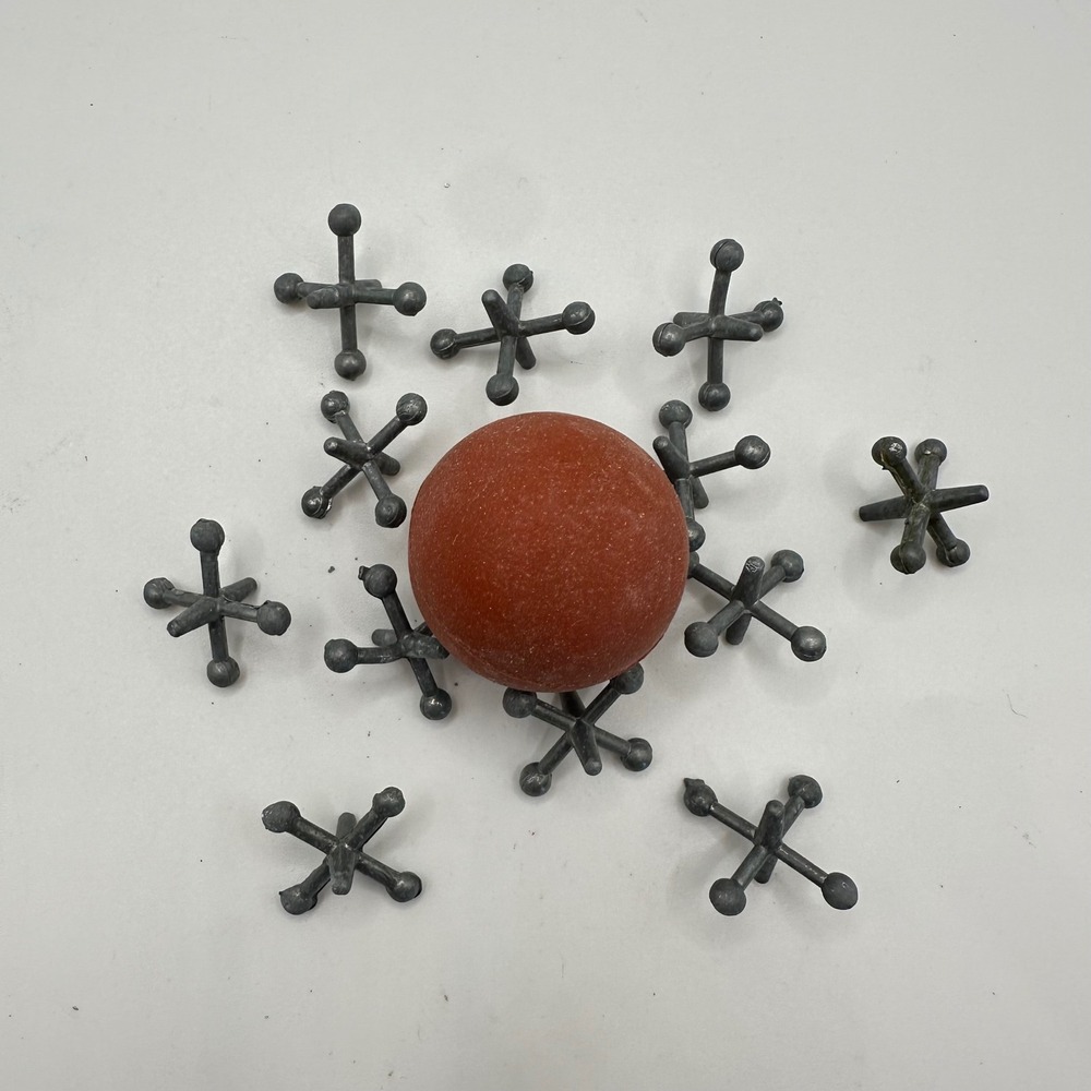 Vintage Metal Jacks Game Set with 12 Silver Tone Jacks and Red Rubber Ball